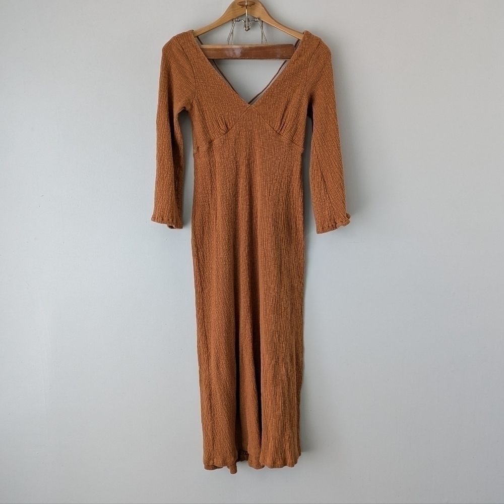 Free People Dress Women's S Brown Tan Midi V-Neck Strappy Back Beach Cotton